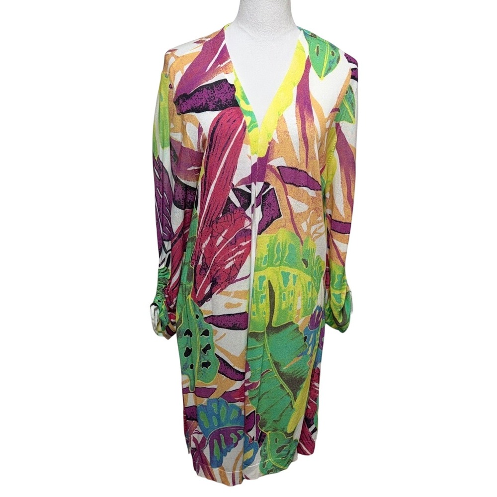 Chicos Cardigan Large 2 Green Colorful Open Front Ruched 3/4 Sleeve Longline